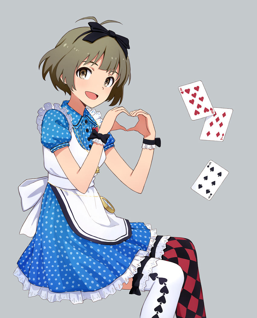 akizuki_ryou apron asymmetrical_legwear brown_eyes brown_hair card checkered checkered_legwear crossdressing dress dressy_alice hair_ribbon heart heart_hands highres idolmaster idolmaster_(classic) idolmaster_2 idolmaster_dearly_stars male_focus otoko_no_ko playing_card pocket_watch polka_dot polka_dot_dress ribbon solo spade_(shape) watch wristband yahiro_(epicopeiidae)