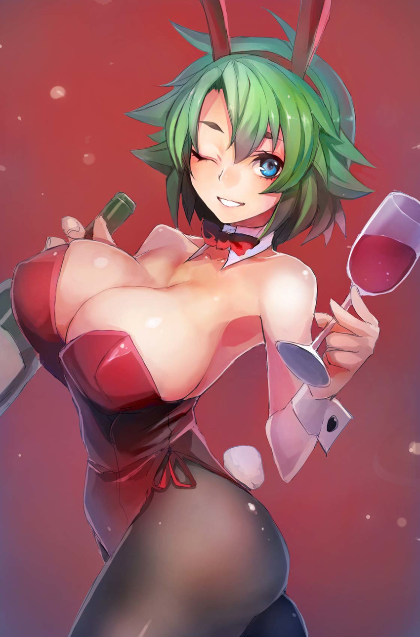 animal_ears black_legwear blue_eyes borrowed_character bottle bow bowtie breasts bunny_ears bunny_tail bunnysuit cleavage cup detached_collar drinking_glass green_hair highres holding inubouzaki_ayako large_breasts one_eye_closed original pantyhose parted_lips short_hair solo tail taishi_(picchiridou) wine_bottle wine_glass