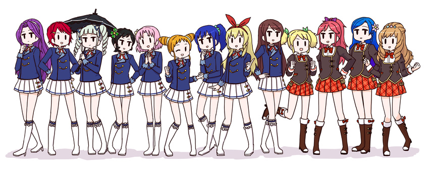 aikatsu! aikatsu!_(series) arisugawa_otome black_hair blonde_hair blue_hair boots bow brown_hair dai-oki dream_academy_uniform drill_hair flower hair_bow hair_flower hair_ornament hairband highres himesato_maria hoshimiya_ichigo ichinose_kaede idol kamiya_shion kanzaki_mizuki kazesawa_sora kiriya_aoi kitaouji_sakura long_hair mole mole_under_mouth multiple_girls one_eye_closed orange_hair otoshiro_seira pink_hair purple_hair red_hair ribbon saegusa_kii school_uniform scrunchie shibuki_ran silver_hair starlight_academy_uniform toudou_yurika twin_drills