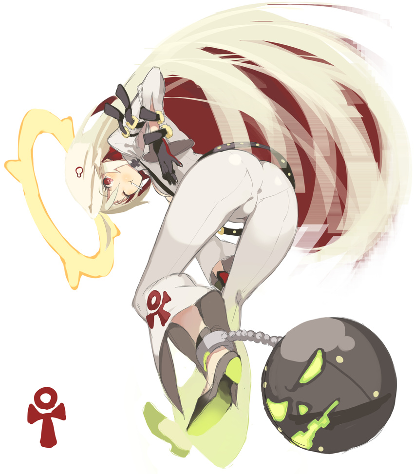 absurdres ass ball_and_chain_restraint belt guilty_gear guilty_gear_xrd halo high_heels highres jack-o'_valentine long_hair mk_(masatusaboten) mouth_hold multicolored_hair one_eye_closed pantylines protected_link red_eyes red_hair solo two-tone_hair white_hair