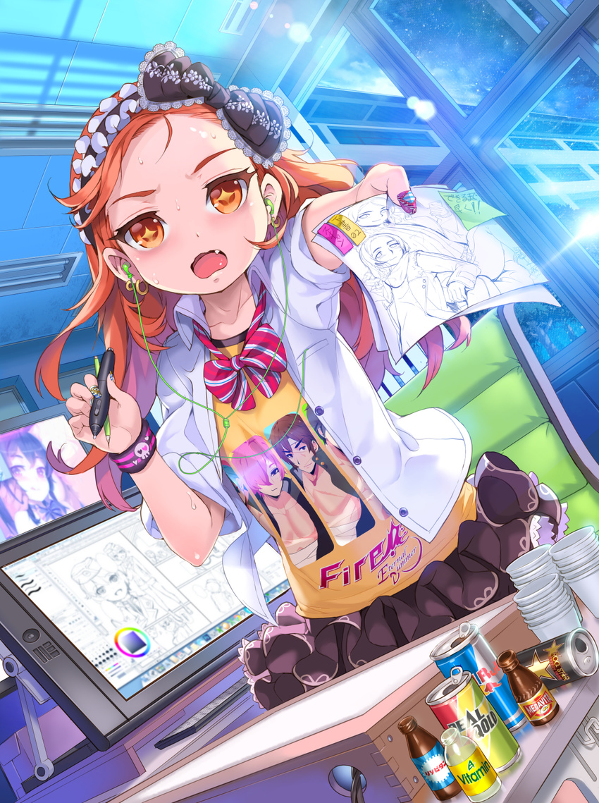 1girl banned_artist blush can character_request collarbone dutch_angle earphones earrings fang furyou_michi_~gang_road~ highres indoors jewelry lens_flare long_hair looking_at_viewer open_mouth orange_eyes orange_hair red_bull skirt solo sparkling_eyes xil