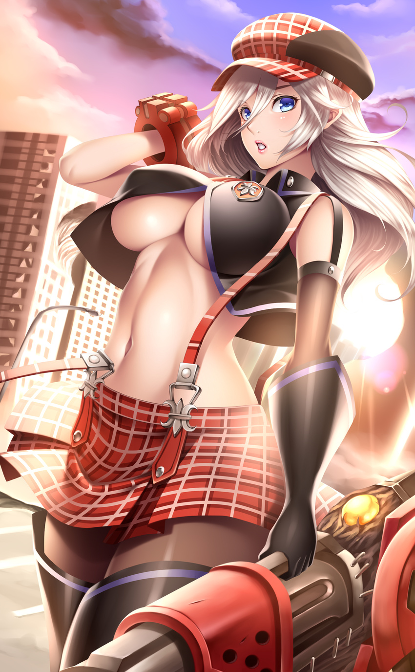 absurdres alisa_ilinichina_amiella blue_eyes blush boots bracelet breasts elbow_gloves fingerless_gloves gloves god_eater hat highres jewelry large_breasts long_hair looking_at_viewer midriff navel pantyhose parted_lips plaid plaid_skirt single_glove skirt solo suspender_skirt suspenders thigh_boots thighhighs underboob watanuki_kaname weapon