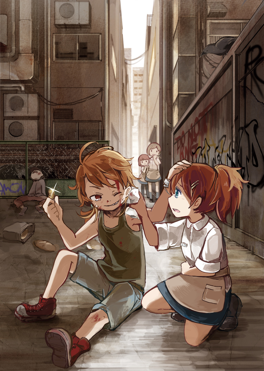 3girls absurdres air_conditioner alley arm_grab bad_id bad_pixiv_id bag bird blonde_hair blood bracelet bread brown_hair bruise cityscape coin commentary_request crow earrings fence food graffiti grin grocery_bag hand_on_another's_head hand_to_own_mouth highres injury jewelry kneehighs kneeling looking_at_another multiple_boys multiple_girls one_eye_closed open_mouth original ponytail sakata_kaname shiny shirt shopping_bag shorts sitting skirt smile tears unconscious wiping_face wire