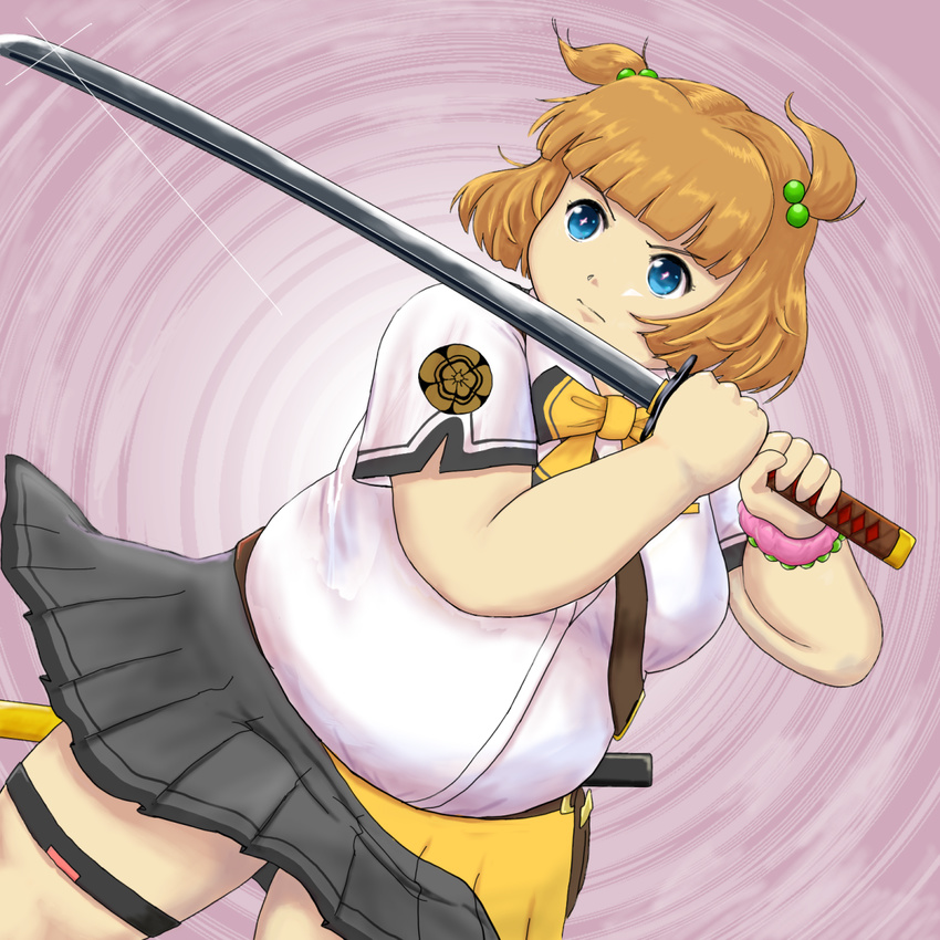 big_belly blue_eyes bracelet breasts brown_hair determined fat flower-shaped_pupils hair_bobbles hair_ornament hasebe_shikiri highres jewelry katana large_breasts pleated_skirt purple_background school_uniform shinken!! short_hair skirt sword thigh_strap two_side_up uhihyau weapon wristband