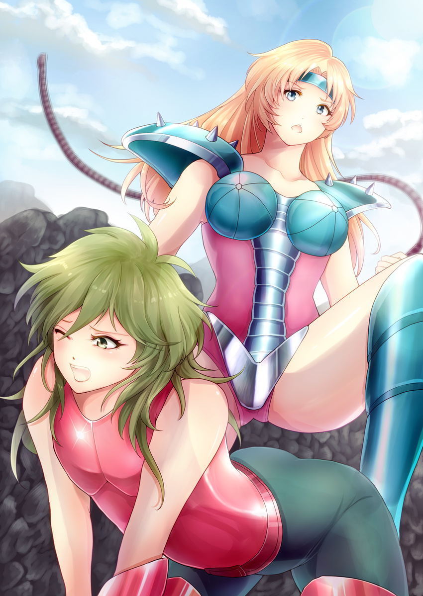 1girl androgynous andromeda_shun armor bad_id bad_pixiv_id blonde_hair blue_eyes blue_sky boots breastplate breasts chameleon_june circle cloud day dominatrix elbow_gloves fingerless_gloves gauntlets gloves green_eyes green_hair highres large_breasts leotard long_hair mountain odawara_ai open_mouth pink_leotard red_leotard saint_seiya sky sunlight whip