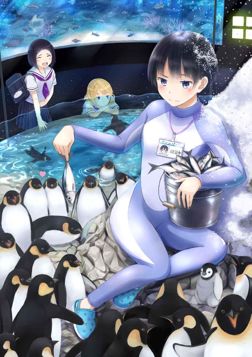 :d :o air_bubble amusement_park animal aquarium aramaki_scaltinof bad_id bad_pixiv_id bag bag_charm bangs bird black_hair blonde_hair blue_eyes blush bodysuit bubble bucket charm_(object) coral crocs crossed_arms embarrassed feeding fish hair_ornament hairclip hand_on_own_stomach heart highres indoors lanyard laughing light_rays long_hair long_sleeves multiple_girls name_tag neckerchief on_rock open_mouth original penguin pleated_skirt rock school_bag school_uniform serafuku short_hair short_sleeves sitting skirt smile snow snow_on_head stingray sweatdrop taka_(tsmix) water wavy_mouth wetsuit window