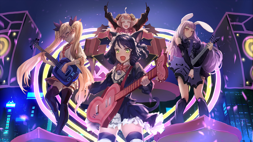 animal_ears bare_shoulders bell black_dress blonde_hair bunny_ears cat_ears cat_tail chuchu_(show_by_rock!!) cyan_(show_by_rock!!) detached_sleeves dog_tail dress drum drum_set electric_guitar glasses green_eyes guitar hair_ornament instrument long_hair makai_no_juumin moa_(show_by_rock!!) multiple_girls pink_eyes pink_hair purple_hair retoree shirt show_by_rock!! skirt speaker stage striped striped_legwear tail thighhighs twintails very_long_hair zettai_ryouiki