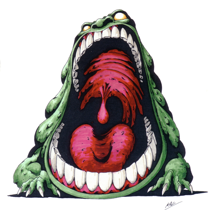 artist_name claws green_skin highres kazuma_kaneko no_humans nose official_art oldschool open_mouth shin_megami_tensei solo teeth tongue uvula yellow_eyes