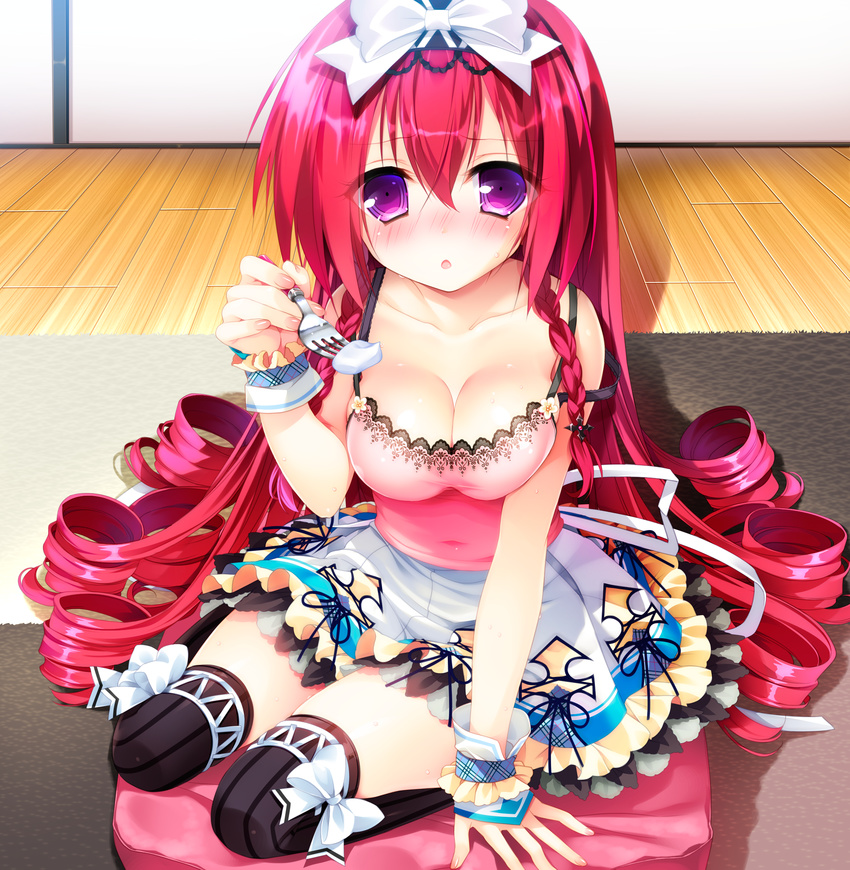 blush bow breasts brown_legwear cleavage drill_hair fork full-face_blush hair_bow highres large_breasts long_hair mayoeru_futari_to_sekai_no_subete mizunomiya_nana moriyama_shijimi purple_eyes red_hair sitting thighhighs wariza