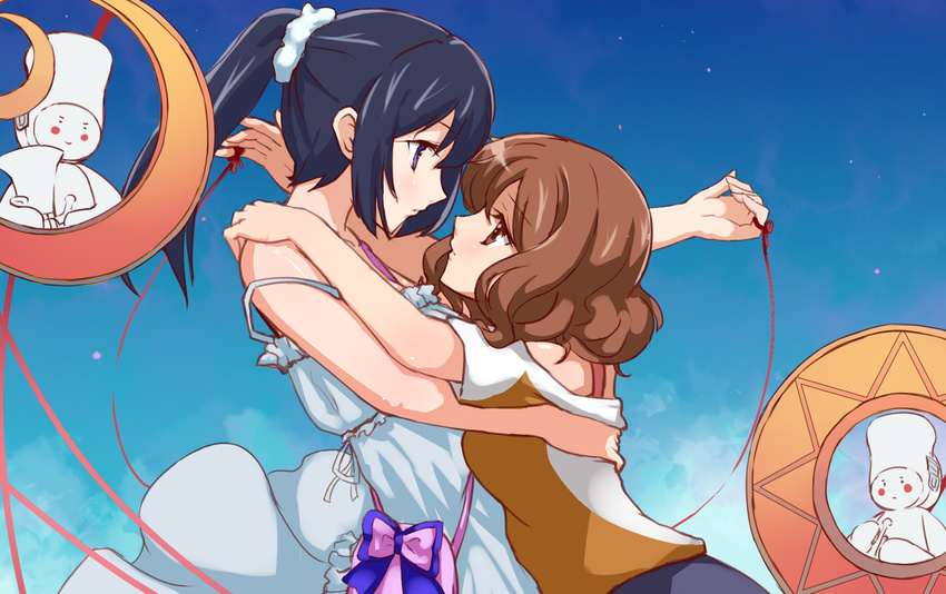 black_hair blush brown_hair euphonium hibike!_euphonium highres hu_sea instrument kousaka_reina long_hair miko_embrace multiple_girls oumae_kumiko parody red_string short_hair smile string trumpet tuba-kun yuri