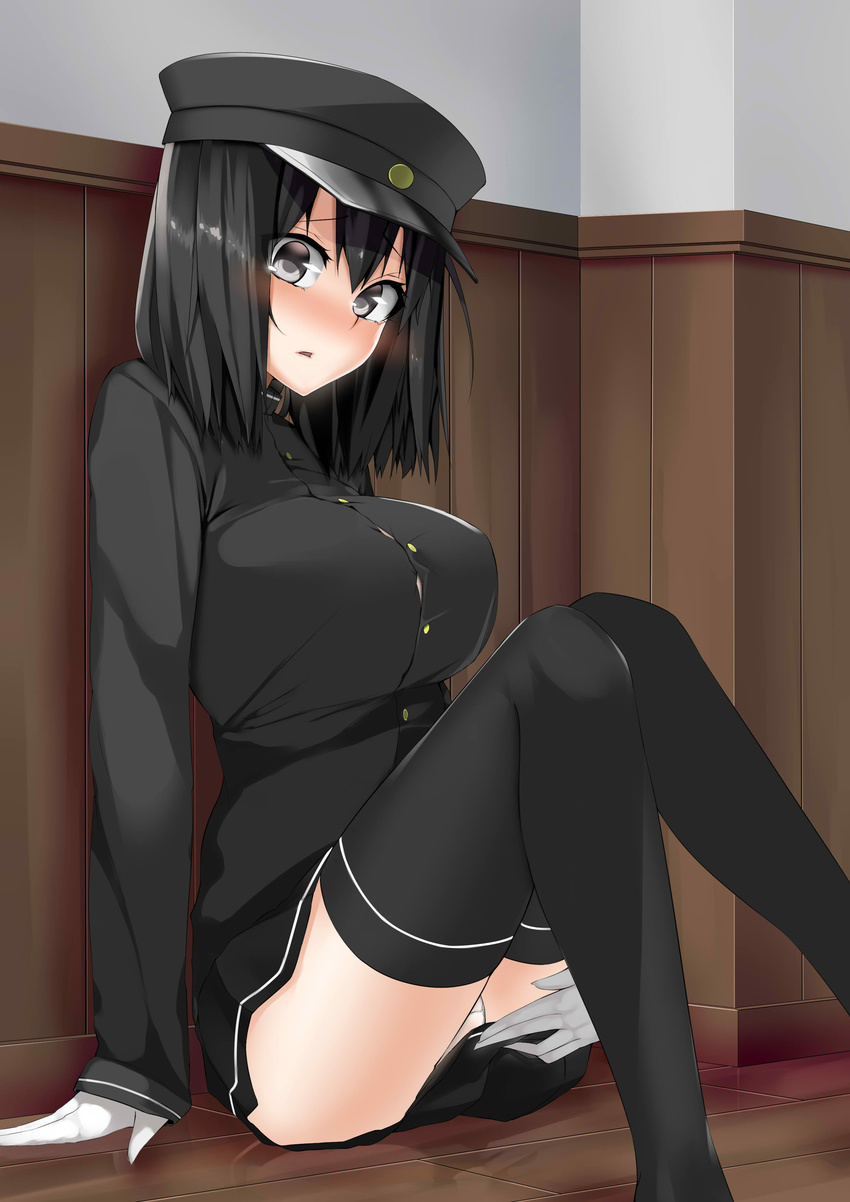 absurdres akitsu_maru_(kantai_collection) arm_support black_eyes black_hair blush breasts caught covering covering_ass gloves hat highres indoors kantai_collection large_breasts looking_at_viewer luonawei open_mouth panties pantyshot pantyshot_(sitting) remodel_(kantai_collection) short_hair sitting solo thighhighs underwear wainscoting white_panties