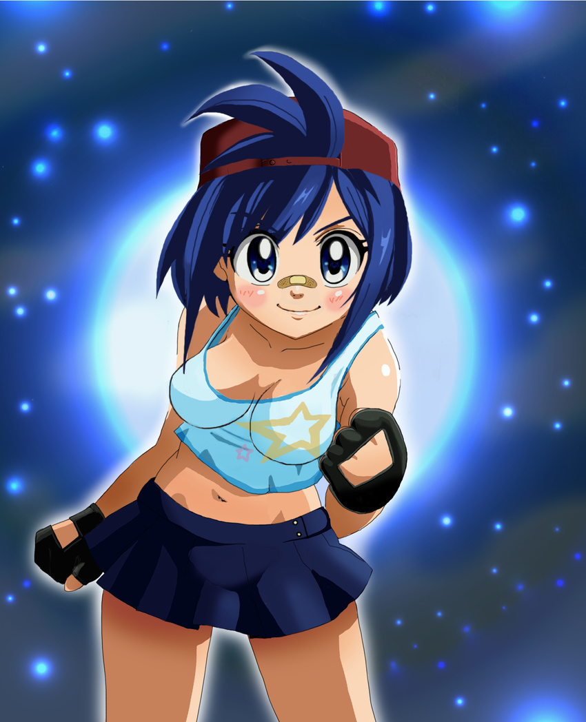 bandaid bandaid_on_nose blue_eyes blue_hair blush breasts crop_top crop_top_overhang fingerless_gloves gloves gradient gradient_background hair_ornament hairclip looking_at_viewer m.u.g.e.n midriff navel ohosi_nagisa original sankiti skirt smile solo tank_top tanktop