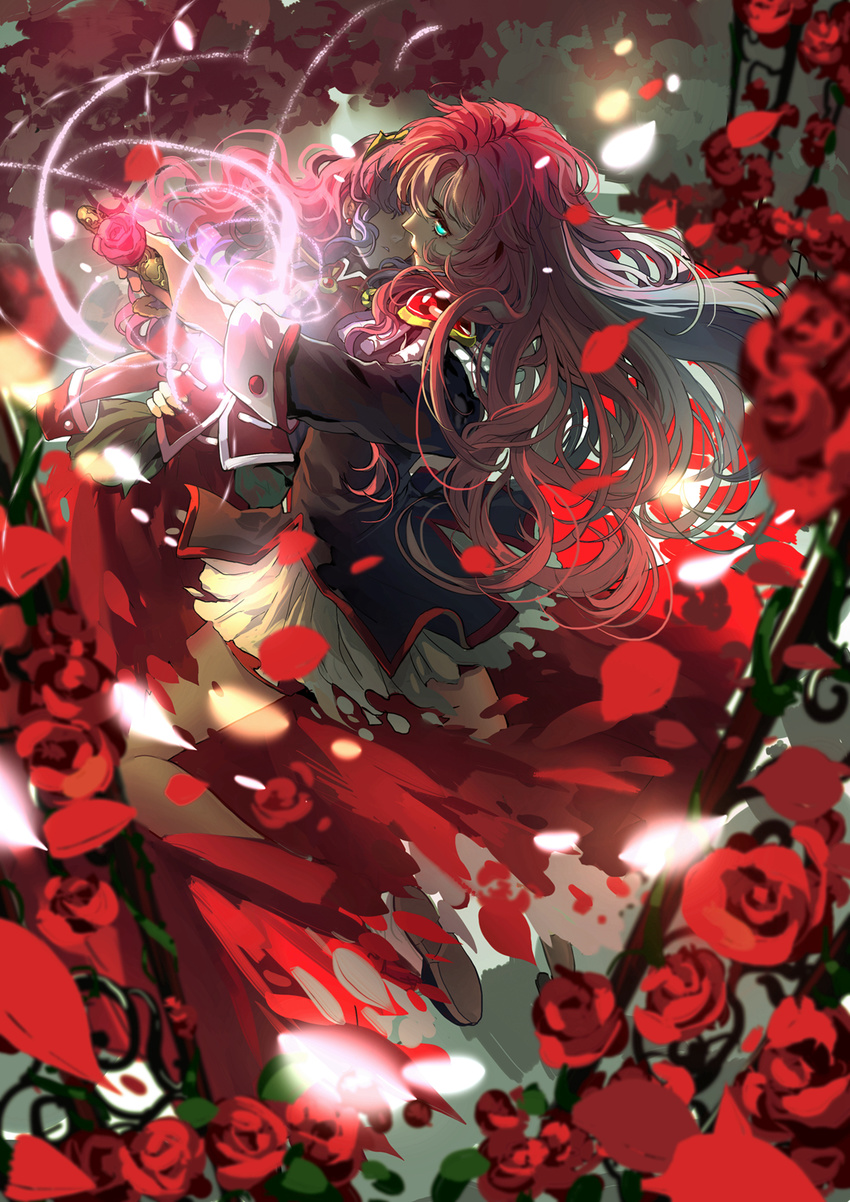 aiguillette aqua_eyes arm_around_waist carrying crown epaulettes flower glowing highres himemiya_anthy long_hair miemia multiple_girls petals pink_hair rose rose_petals sheath shoujo_kakumei_utena sword tenjou_utena unconscious unsheathing weapon