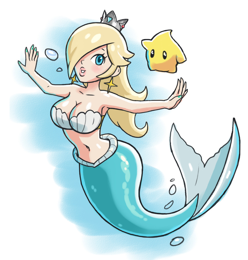 artist_request blonde_hair blue_eyes chiko_(mario) crown gradient gradient_background long_hair luma mermaid navel nintendo rosalina_(mario) rosetta_(mario) solo super_mario_bros. super_mario_galaxy water