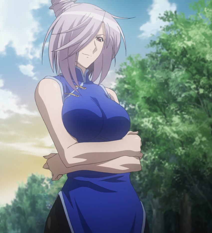 1girl asu_no_yoichi breasts cloud dress female hair_over_one_eye highres large_breasts purple_hair red_eyes screencap smile solo stitched takatsukasa_angela