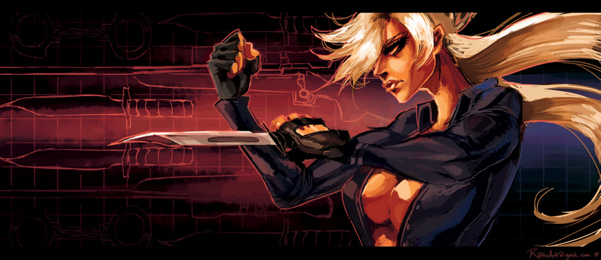 breasts catsuit cleavage combat_knife dark_skin fingerless_gloves gloves hair_over_one_eye knife large_breasts letterboxed long_hair reverse_grip riftka silver_hair solo unzipped vanessa_lewis virtua_fighter weapon