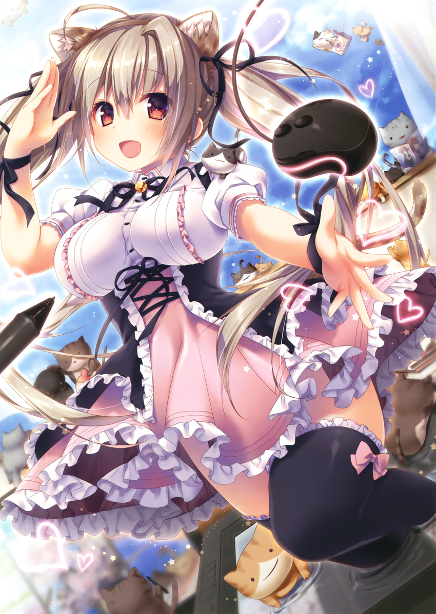 absurdres ahoge animal_ears bag banned_artist bell bow brown_eyes brown_hair cat cat_ears cat_tail crying dress extra_ears fake_animal_ears fang frilled_dress frilled_legwear frills hair_ribbon heart highres jingle_bell konomi_(kino_konomi) long_hair open_mouth original outstretched_arm ribbon ripples shopping_bag solo stylus tablet_pc tail thighhighs too_many too_many_cats twintails