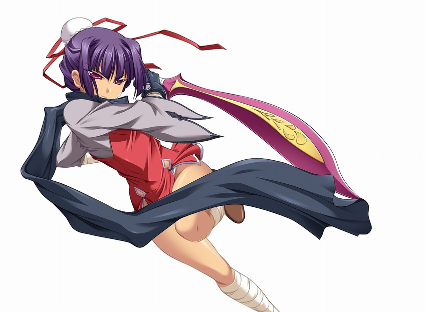 bandages black_gloves black_scarf bun_cover dress fighting_stance gloves hair_bun hair_ribbon hikage_eiji holding holding_sword holding_weapon japanese_clothes kannei koihime_musou leg_up official_art purple_eyes purple_hair red_dress red_ribbon ribbon scarf short_dress short_hair simple_background solo sword weapon