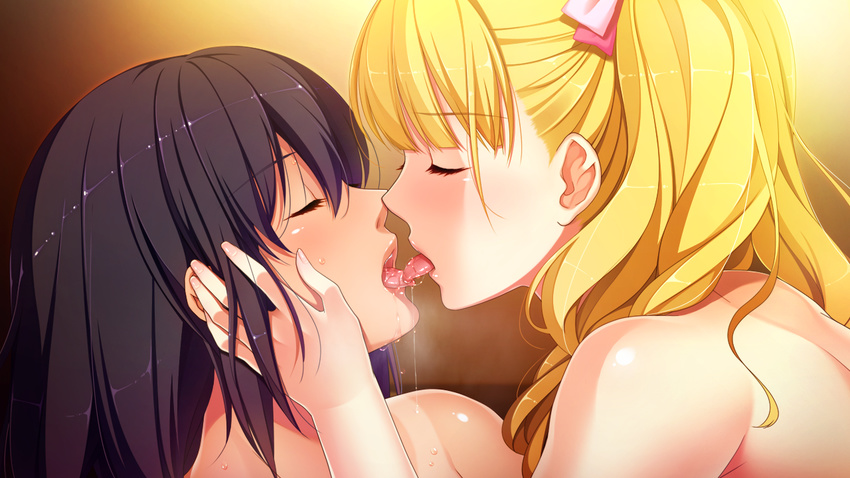 black_hair blonde_hair blush closed_eyes enkou_shoujo french_kiss game_cg hand_on_another's_cheek hand_on_another's_face kawaragi_yuuki kiss koizumi_amane long_hair mitsuki_mako multiple_girls open_mouth saliva short_hair tan tanline tongue tongue_out twintails yuri