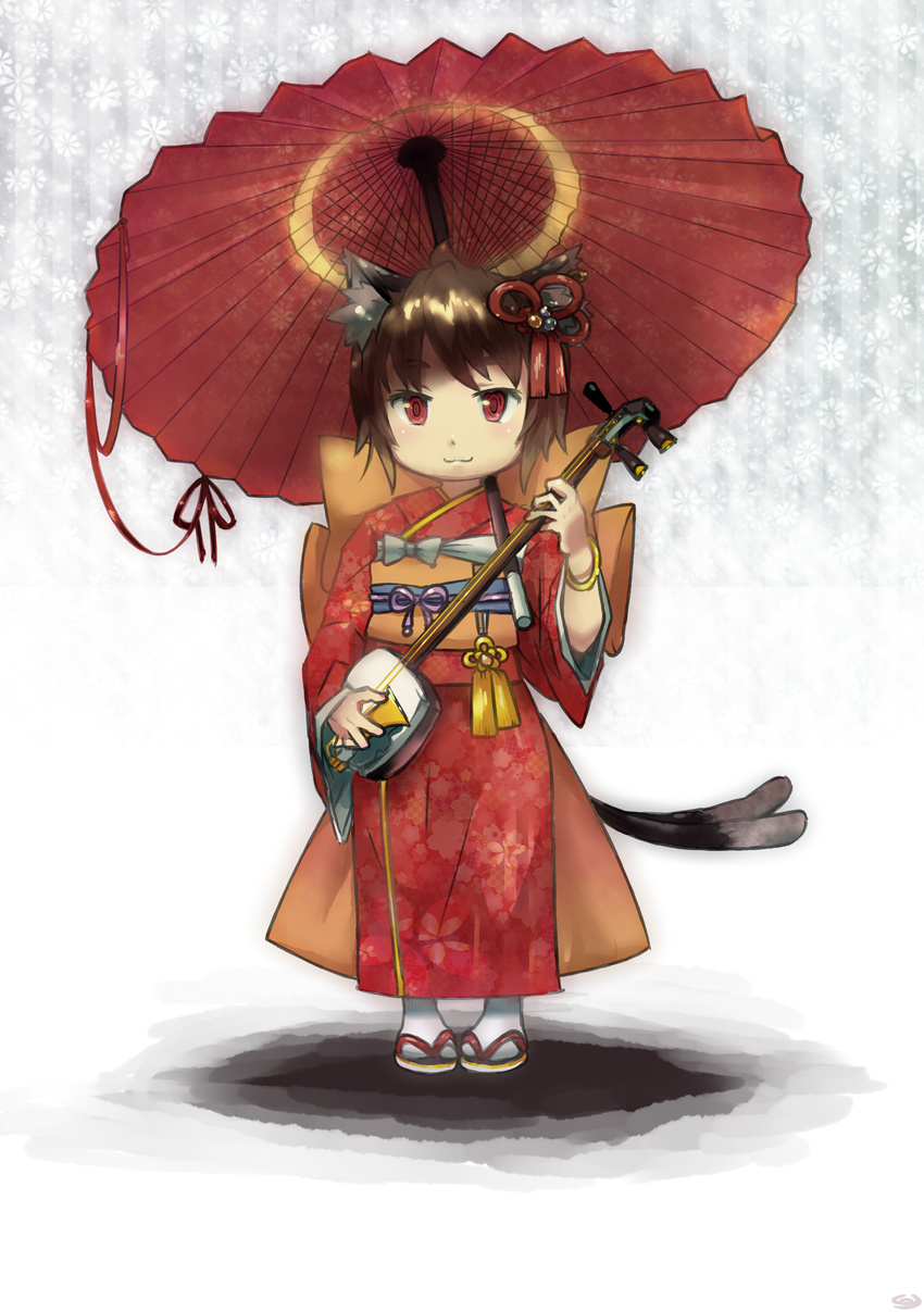 :3 absurdres alternate_costume animal_ears bracelet brown_hair cat_ears cat_tail chen floral_background floral_print full_body gradient gradient_background hair_ornament highres instrument japanese_clothes jewelry kimono long_sleeves looking_at_viewer multiple_tails obi oriental_umbrella plectrum pmx red_eyes sandals sash shamisen short_hair solo tail touhou umbrella