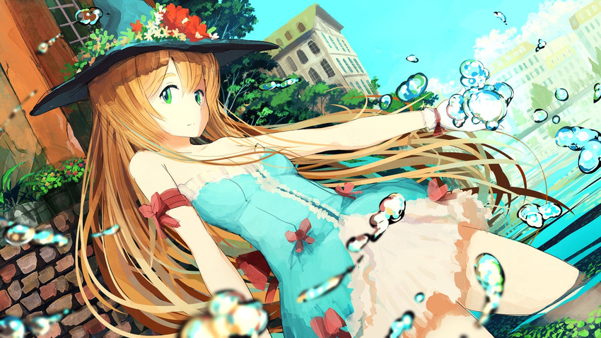 1girl dress female flower green_eyes hat jan long_hair orange_hair ribbon sky solo tree water