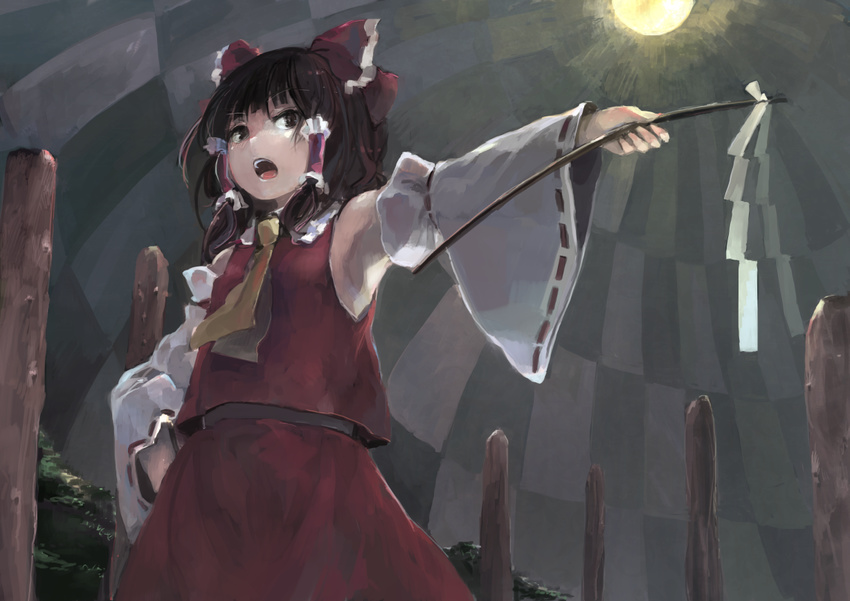 armpits ascot bare_shoulders bow brown_eyes brown_hair detached_sleeves gohei hair_bow hair_tubes hakurei_reimu ichiba_youichi long_sleeves open_mouth outstretched_arm pillar ribbon-trimmed_sleeves ribbon_trim shirt skirt skirt_set solo touhou wide_sleeves