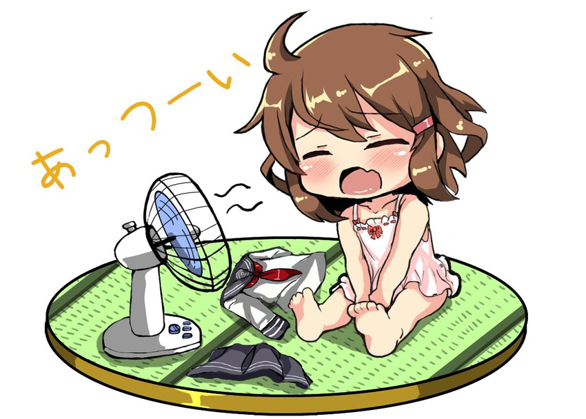 ahoge anchor_symbol barefoot black_skirt brown_hair chemise chibi closed_eyes clothes_on_floor commentary electric_fan fang full_body hair_ornament hairclip ikazuchi_(kantai_collection) kantai_collection neckerchief open_mouth oshiruko_(uminekotei) pleated_skirt ribbon-trimmed_clothes ribbon_trim school_uniform serafuku short_hair simple_background sitting skirt solo translated white_background