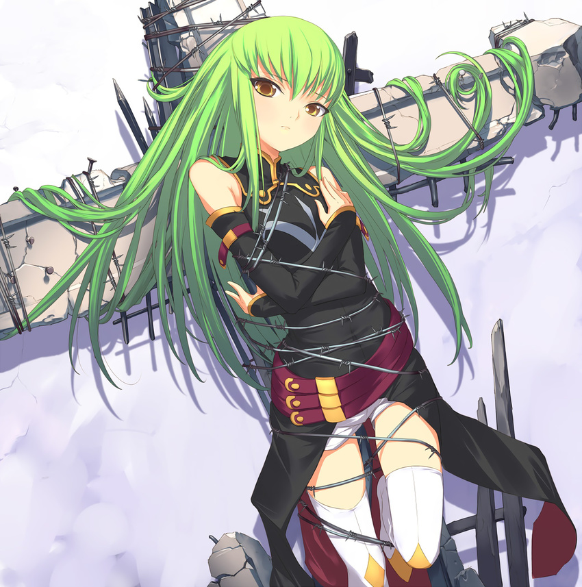 barbed_wire bound c.c. code_geass cross detached_sleeves green_hair highres long_hair resized solo thighhighs tied_up uni upscaled yellow_eyes