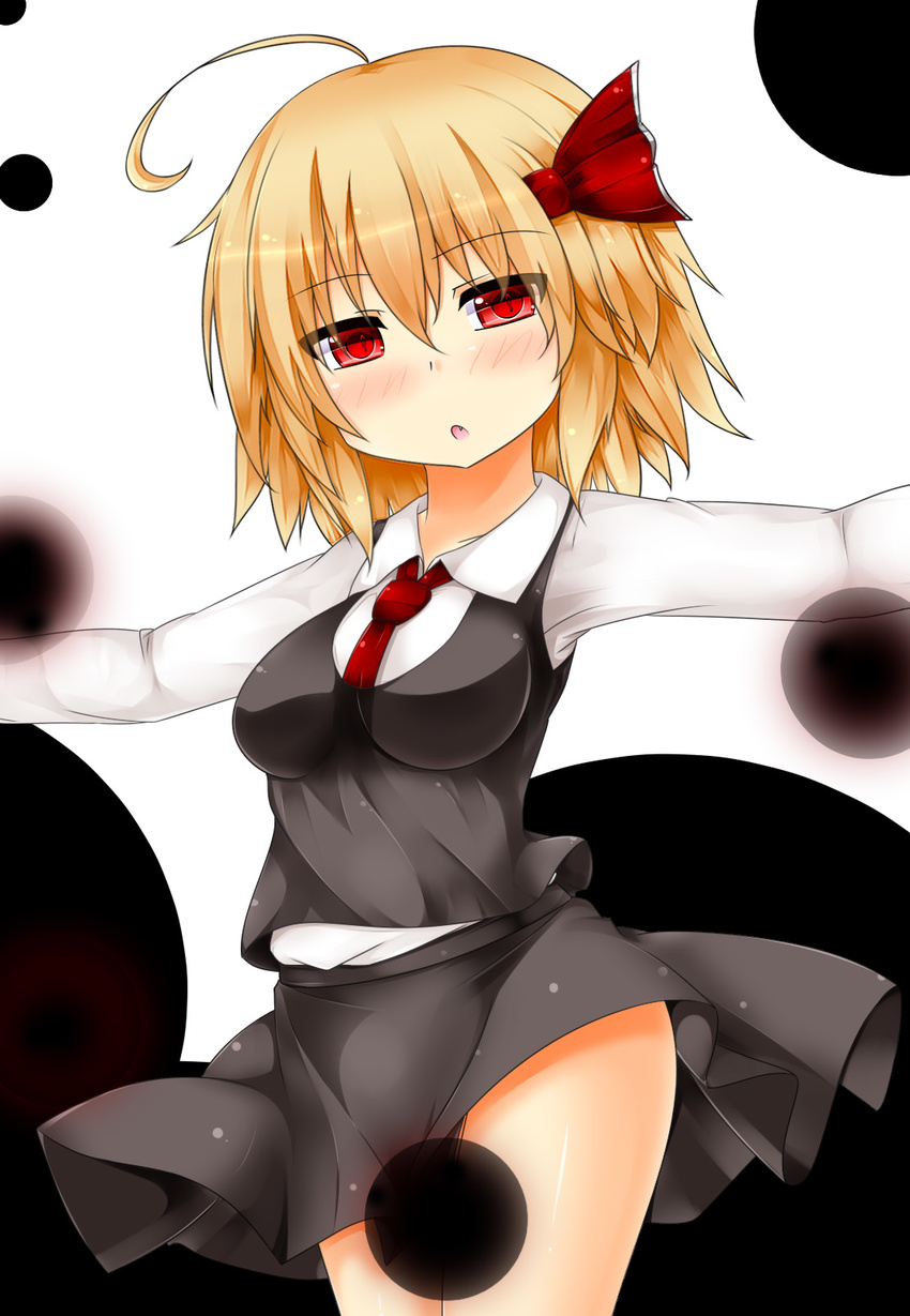 ahoge black_skirt blonde_hair blush bow breasts darkness dress_shirt fang hair_bow hair_ribbon highres looking_at_viewer md5_mismatch medium_breasts necktie open_mouth outstretched_arms red_eyes red_neckwear revision ribbon rumia shirt short_hair simple_background skirt solo standing touhou us2s vest white_shirt wing_collar