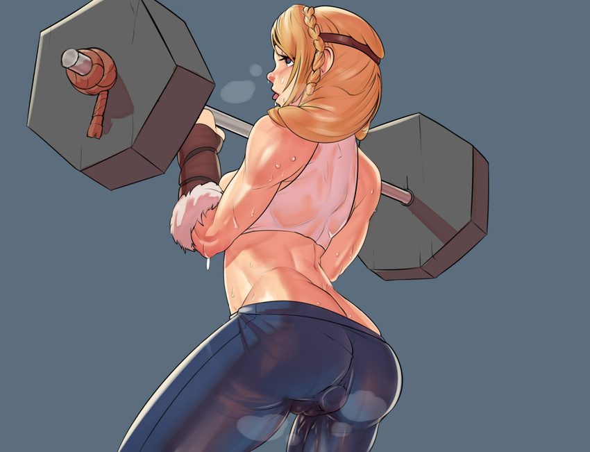 1girl ahegao ass astrid_hofferson barbell blonde_hair blue_eyes braid butt_crack cameltoe contemporary crop_top from_behind gloves hair_over_shoulder heart heart-shaped_pupils heavy_breathing how_to_train_your_dragon john_doe long_hair midriff muscle nose pussy_juice rolling_eyes see-through side_braid simple_background single_braid solo spandex sweat symbol-shaped_pupils tongue tongue_out vibrator_bulge vibrator_under_clothes weightlifting wet wet_clothes