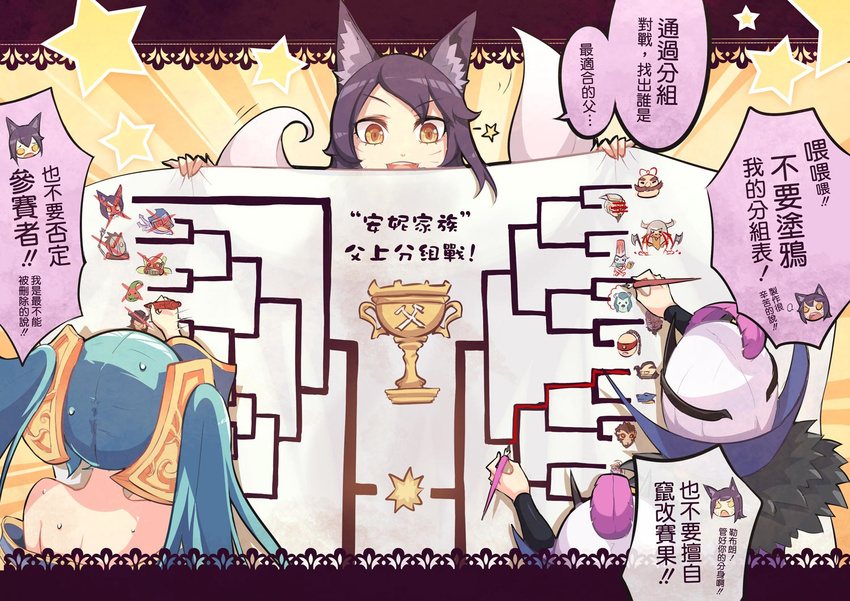 :3 ahri alternate_costume animal_ears aqua_hair axe beancurd black_hair bracket braid braum_(league_of_legends) brown_hair chinese clone commentary dress emilia_leblanc error facial_hair fangs feathers fountain_pen fox_ears fox_tail gameplay_mechanics graffiti hair_ornament hat helmet hood jericho_swain karthus league_of_legends lee_sin marker master_yi monkey multiple_girls multiple_tails mustache olaf_(league_of_legends) open_mouth pen ryze skull_and_crossbones sona_buvelle star strapless strapless_dress sweat tail talon_(league_of_legends) translated trophy twintails twisted_fate urgot varus viktor_(league_of_legends) volibear warwick wavy_mouth weapon werewolf white_hair wukong yellow_eyes zac