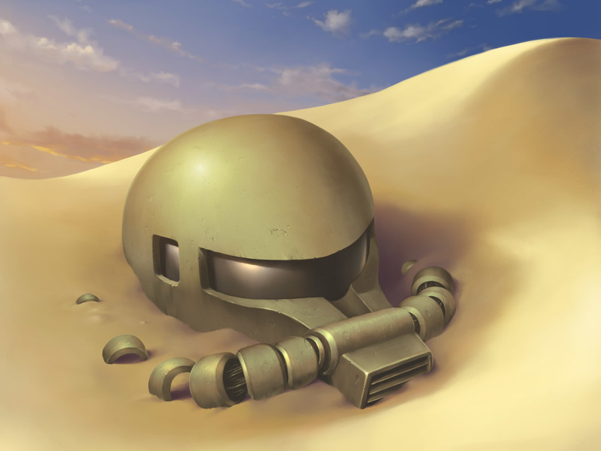 buried damaged desert gundam mecha mobile_suit_gundam no_humans sand wacchi zaku