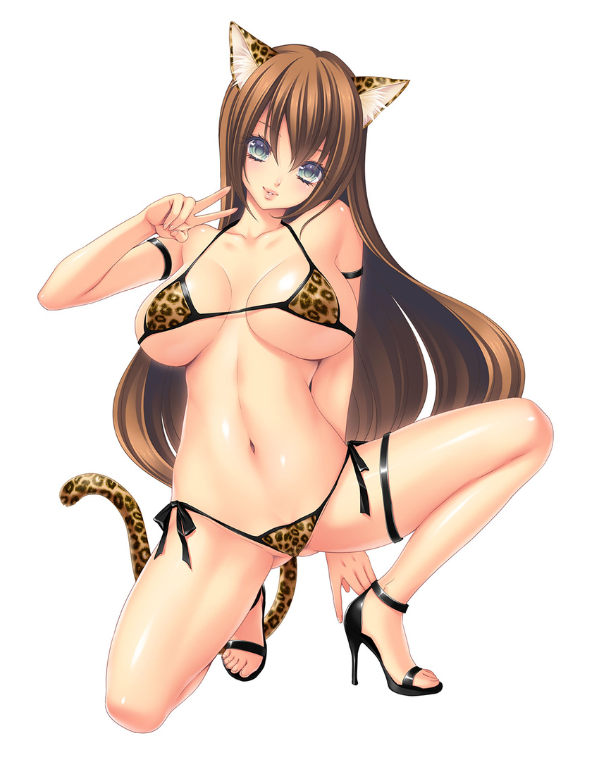 animal_ears animal_print bikini blue_eyes blush breasts brown_hair cat_ears cat_tail cleavage green_eyes high_heels highres large_breasts leopard_print long_hair looking_at_viewer momoi_komomo navel original sandals smile solo spread_legs squatting swimsuit tail v