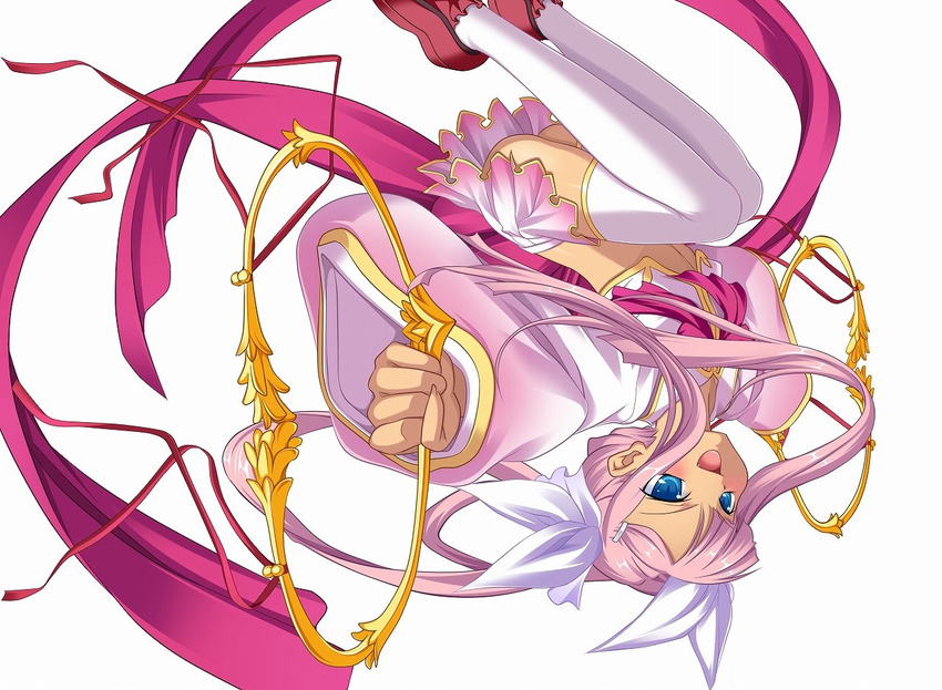 blue_eyes blush cropped_jacket fang foreshortening hikage_eiji jumping koihime_musou legs long_hair midriff miniskirt official_art pink_hair ribbon shoes simple_background skirt smile solo somersault sonshoukou thighhighs twintails very_long_hair weapon