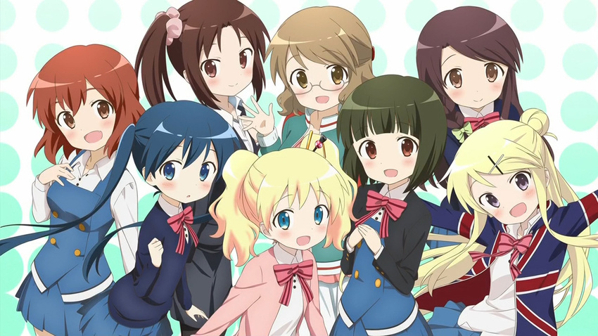 alice_cartelet blonde_hair blue_eyes blue_hair bow brown_eyes brown_hair hair_bun hair_ornament hairclip inokuma_youko karasuma_sakura kin-iro_mosaic komichi_aya kujou_karen kuzehashi_akari long_hair matsubara_honoka multiple_girls official_art oomiya_shinobu open_mouth purple_eyes school_uniform screencap short_hair smile twintails x_hair_ornament