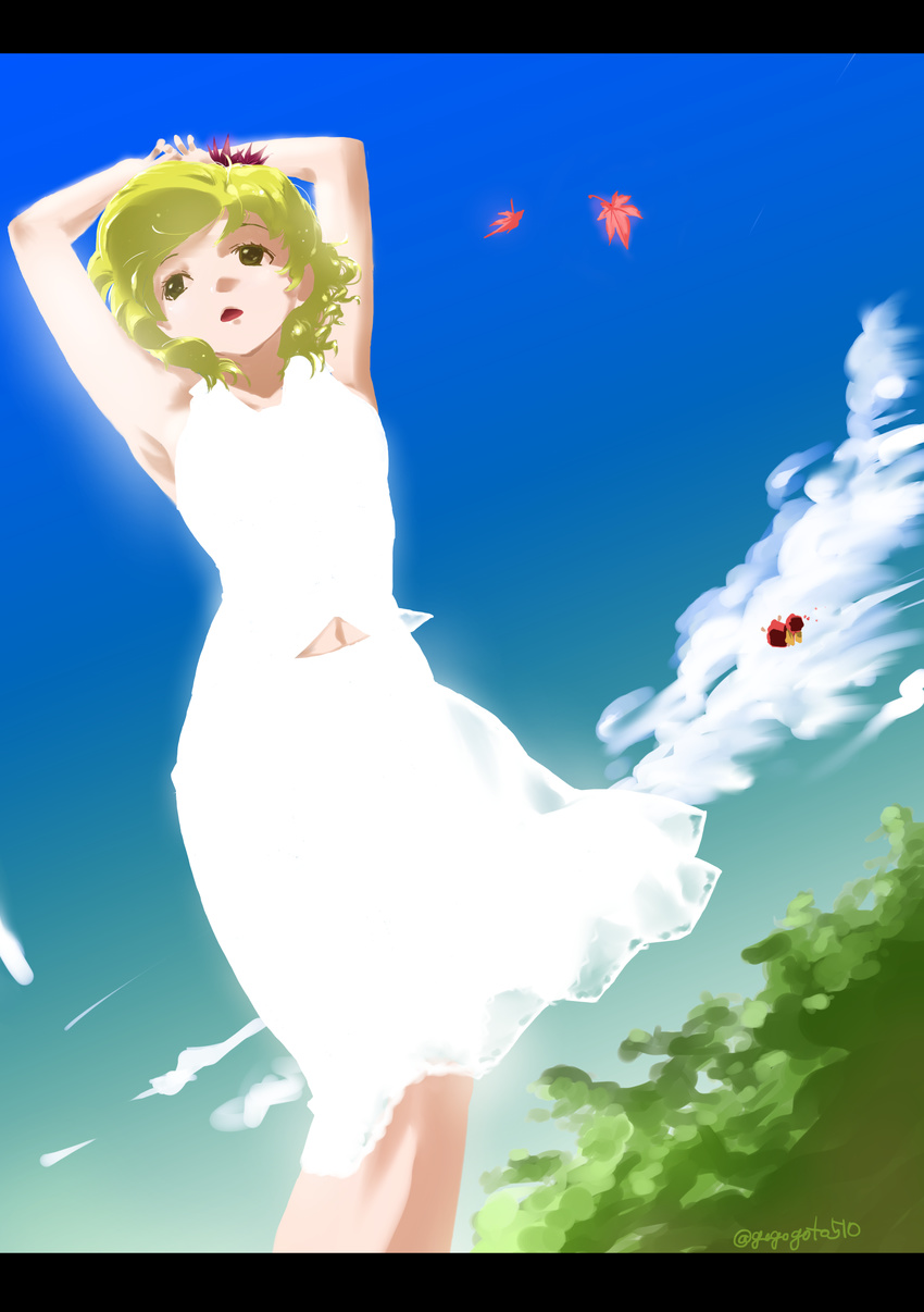 absurdres aki_minoriko aki_shizuha alternate_costume armpits arms_behind_head arms_up autumn_leaves blonde_hair blue_sky cloud colored_eyelashes day flying goton_goton hair_ornament hat highres leaf_hair_ornament letterboxed long_sleeves mob_cap multiple_girls navel open_mouth perspective red_skirt shirt short_hair siblings sisters skirt sky sleeveless solo_focus sunlight touhou tree twitter_username white_shirt white_skirt wind yellow_eyes