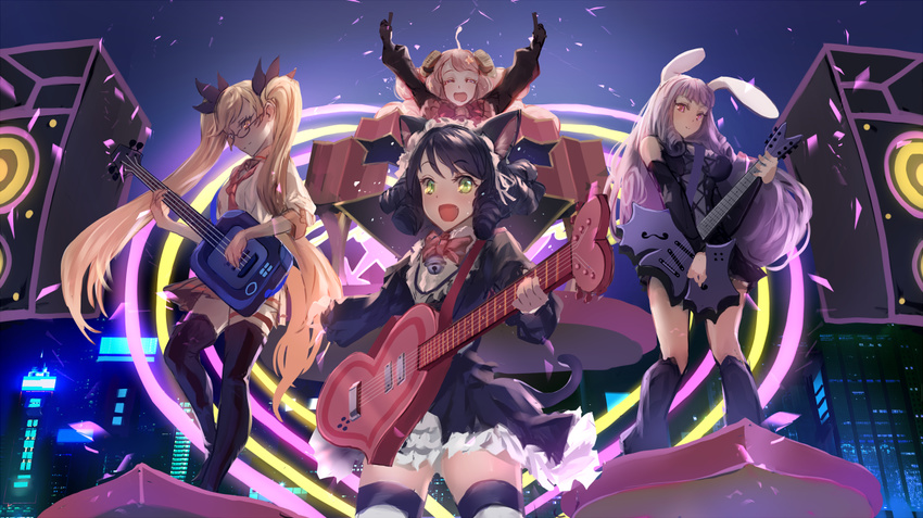 animal_ears bad_id bad_pixiv_id bare_shoulders bell black_dress blonde_hair bunny_ears cat_ears cat_tail chuchu_(show_by_rock!!) cyan_(show_by_rock!!) detached_sleeves dress drum drum_set electric_guitar glasses green_eyes guitar hair_ornament instrument long_hair makai_no_juumin moa_(show_by_rock!!) multiple_girls pink_eyes pink_hair purple_hair retoree shirt show_by_rock!! skirt speaker stage striped striped_legwear tail thighhighs twintails very_long_hair zettai_ryouiki
