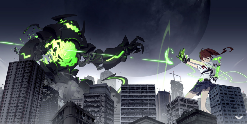 battle belt brown_hair building city destruction duel full_moon giantess gloves highres horns long_hair monster moon open_mouth original outstretched_arms pleated_skirt ponytail resized skirt upscaled wayjilam wince