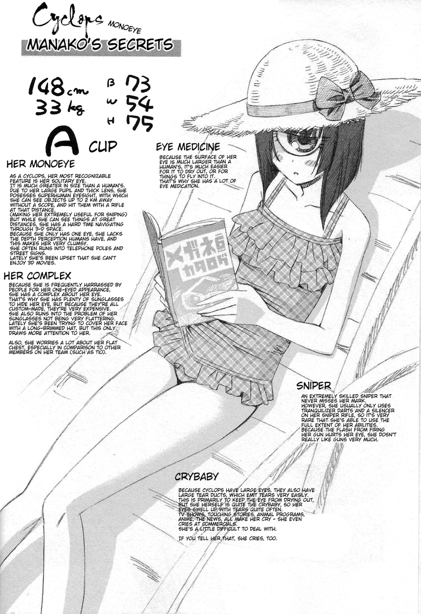 1girl blush casual_one-piece_swimsuit chair character_profile colored comic_ryu cyclops frilled_swimsuit frills hard_translated hat highres inui_takemaru lounge_chair manako measurements monochrome monster_girl monster_musume_no_iru_nichijou okayado one-eyed one-piece_swimsuit plaid reading short_hair solo sun_hat swimsuit translated