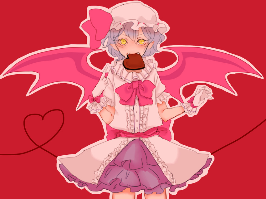 bat_wings chocolate chocolate_heart eating frills gloves hat heart highres looking_at_viewer meiji_(charisma_serve) mouth_hold pointing pointy_ears red_background remilia_scarlet ribbon short_sleeves solo touhou valentine wings yellow_eyes