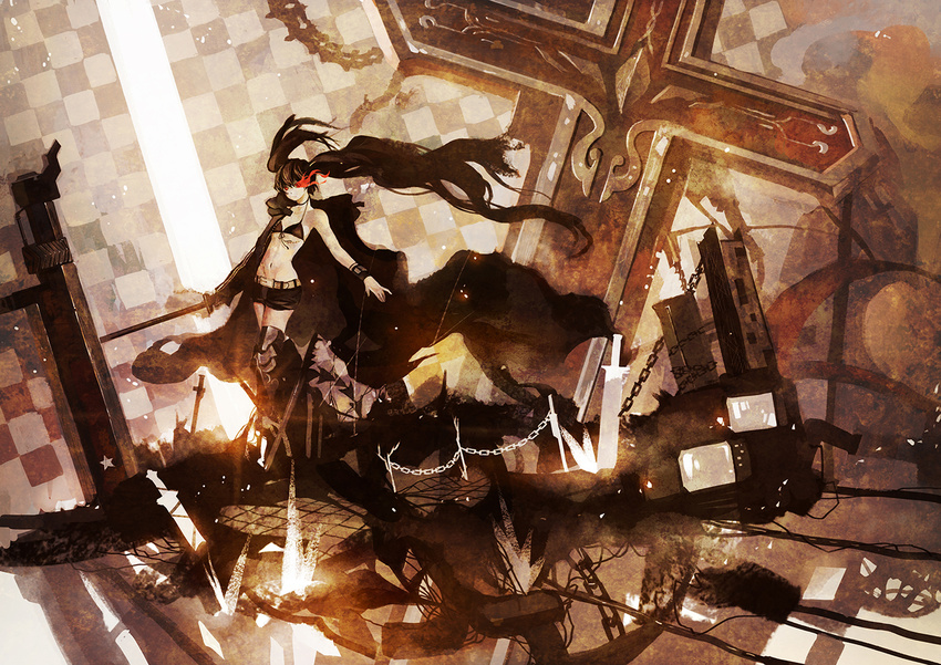 asymmetrical_hair belt bikini bikini_top black_bikini black_coat black_hair black_rock_shooter black_rock_shooter_(character) burning_eye chain checkered coat cross expressionless floating_hair kklaji008 long_coat long_hair long_sleeves looking_away midriff navel red_eyes scar sepia shorts solo swimsuit sword television thighhighs twintails uneven_twintails very_long_hair weapon