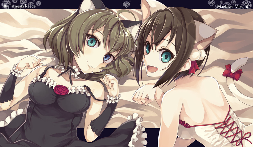 animal_ears bare_shoulders blue_eyes breasts brown_hair cat_ears dress gothic_lolita green_eyes heterochromia idolmaster idolmaster_cinderella_girls lolita_fashion looking_at_viewer maekawa_miku medium_breasts mole mole_under_eye multiple_girls open_mouth shirousagi_una short_hair smile strap_slip takagaki_kaede