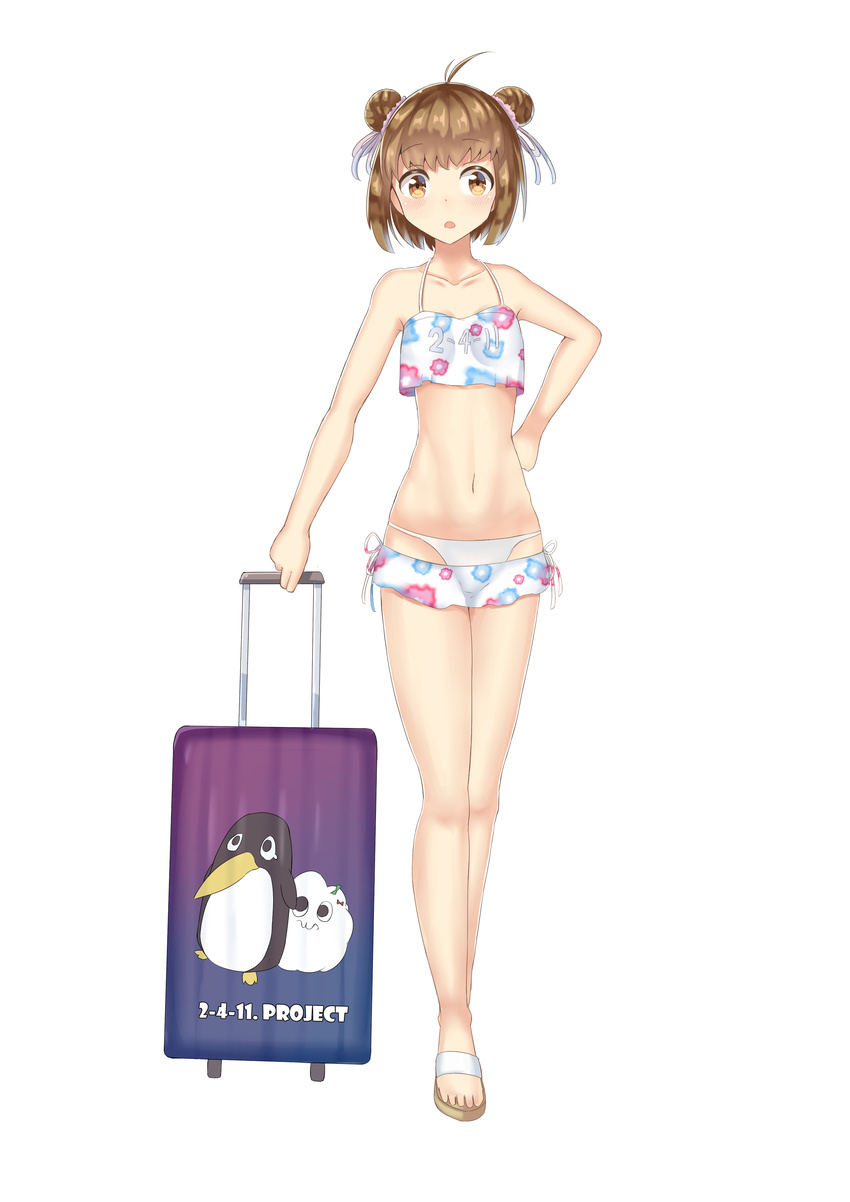 2_fuel_4_ammo_11_steel absurdres alternate_costume bikini brown_eyes brown_hair double_bun failure_penguin hand_on_hip highres kantai_collection luggage md5_mismatch miss_cloud naka_(kantai_collection) navel reon-shi short_hair solo swimsuit