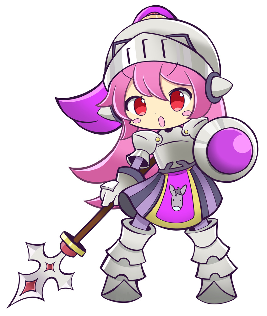 :o absurdres armor armored_dress blush_stickers boots chiquita_(puyopuyo) full_body gloves gradient_hair greaves helmet highres knee_boots knight kokoru_(pixiv) long_hair multicolored_hair official_style pink_hair polearm ponytail purple_hair puyopuyo puyopuyo_quest red_eyes shield skirt solo spear standing tabard weapon white_background