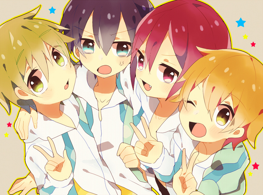 ;d anger_vein black_hair blonde_hair blue_eyes brown_hair fang free! green_eyes hazuki_nagisa hiyoko_(hello) male_focus matsuoka_rin multiple_boys nanase_haruka_(free!) one_eye_closed open_mouth red_eyes red_hair smile tachibana_makoto v yellow_eyes younger