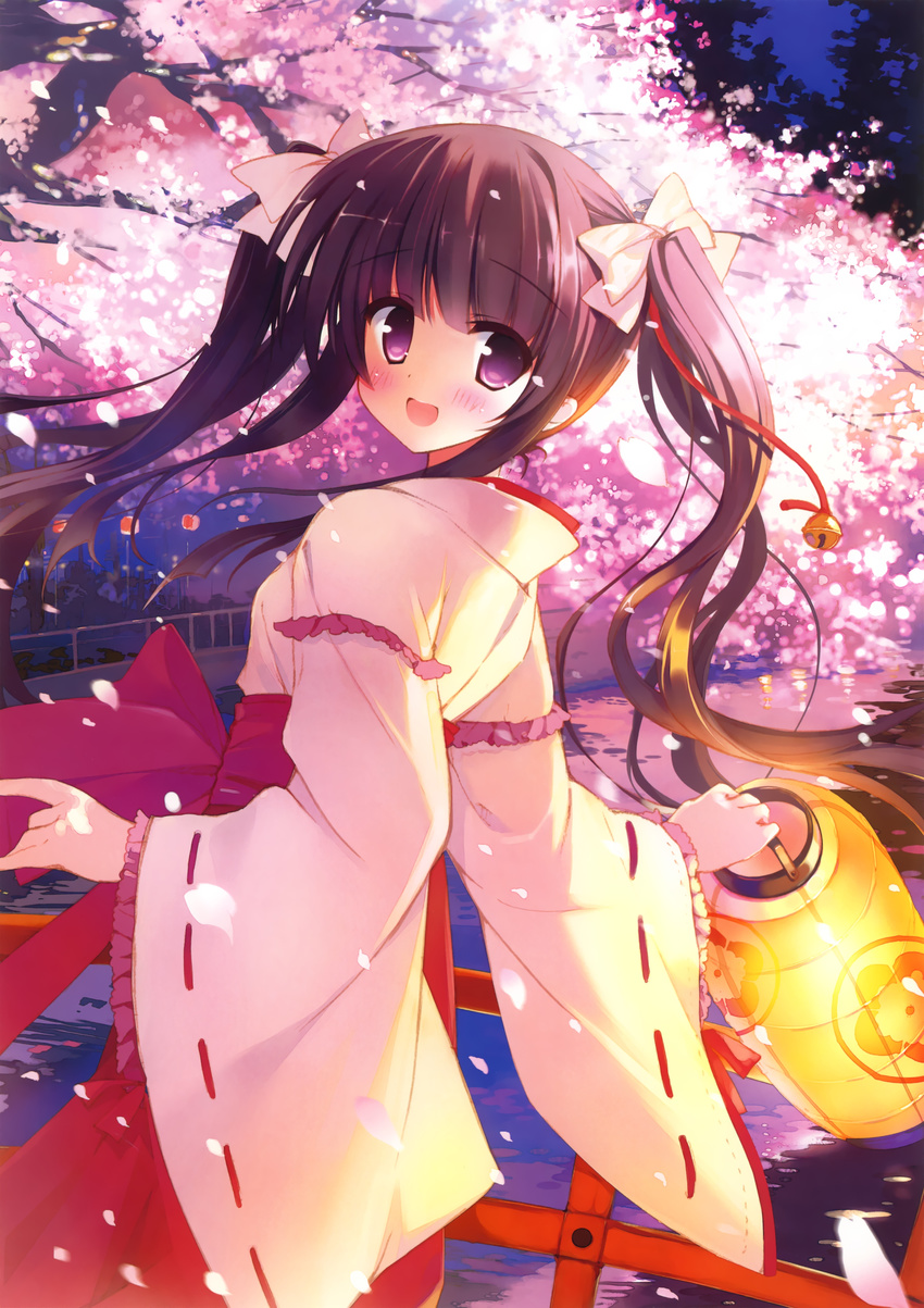 :d absurdres bangs bell blush bow brown_hair cherry_blossoms frilled_sleeves frills from_side hair_bell hair_bow hair_ornament highres holding japanese_clothes jingle_bell lantern long_hair looking_at_viewer mamita miko night open_mouth outdoors paper_lantern petals purple_eyes ribbon-trimmed_sleeves ribbon_trim scan sidelocks smile solo tree twintails wide_sleeves
