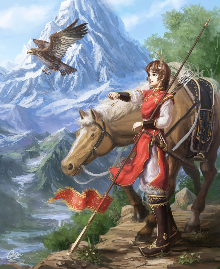 absurdres arrow bird blue_eyes bridle brown_hair earrings falcon fantasy filigree highres horse jewelry mountain open_mouth original outstretched_arm polearm saddle scabbard sheath shiki_makoto spear sword weapon