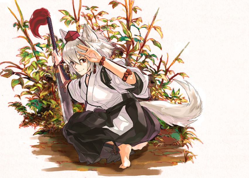 adapted_costume alternate_costume animal_ears barefoot full_body hakama hat inubashiri_momiji japanese_clothes kimono long_sleeves looking_at_viewer looking_back red_eyes short_hair silver_hair smile smirk soles solo squatting string sword tail tiptoes toeless_legwear tokin_hat tora_jun touhou weapon wide_sleeves wolf_ears wolf_tail