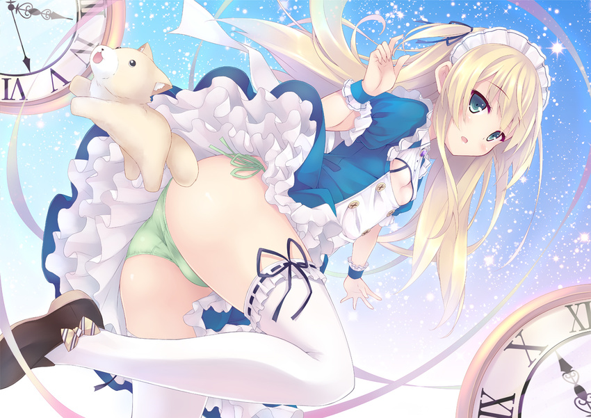 alice_(wonderland) alice_in_wonderland ass blonde_hair blue_dress breasts clock dog dress green_panties grey_eyes long_hair maid_headdress open_mouth original panties puffy_short_sleeves puffy_sleeves ribbon-trimmed_legwear ribbon_trim ryo short_sleeves side-tie_panties small_breasts solo thighhighs two_side_up underboob underboob_cutout underwear upskirt very_long_hair white_legwear wrist_cuffs