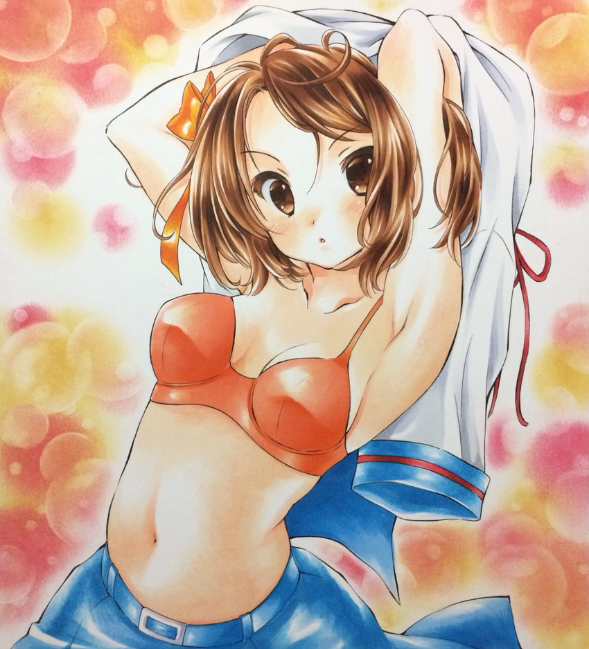 :o blue_skirt bow bra breasts brown_eyes brown_hair cleavage hair_bow highres izumo_neko kita_high_school_uniform medium_breasts navel school_uniform serafuku skirt solo suzumiya_haruhi suzumiya_haruhi_no_yuuutsu underwear undressing